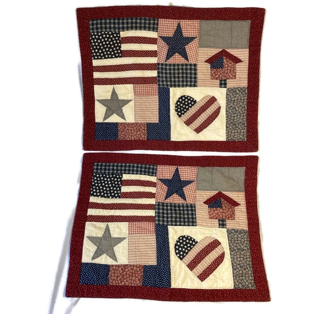 Pair Vintage Country Patchwork Quilted Pillow Shams Americana Flag